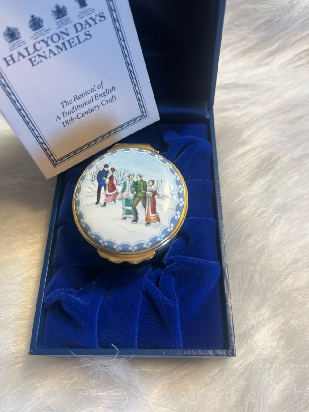 Halcyon Days Enamels “Winter Sports in Edwardian Times” with Box